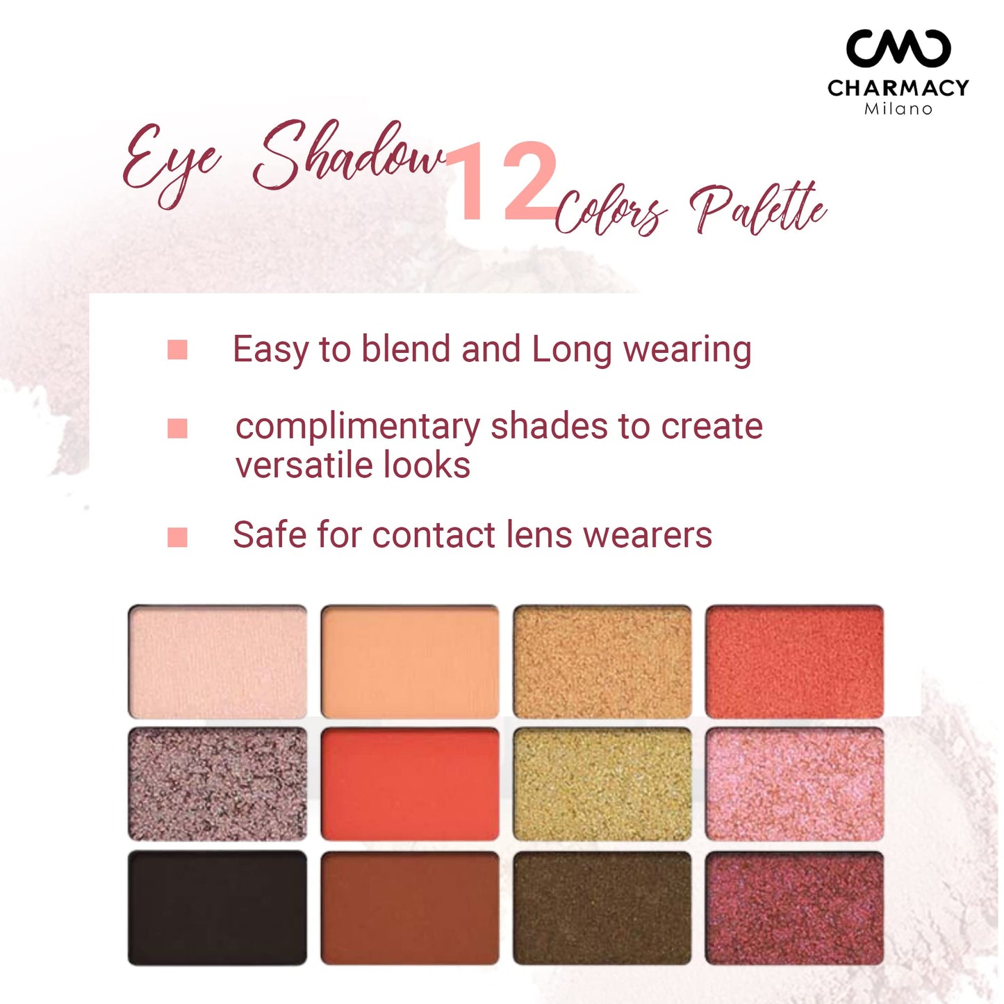 Charmacy Milano Eye Shadow 12 Color Palette - Easy To Blend, Great Pigments, Matte-Shimmer Shades, Soft Texture, Basic & Uniqe Shades in One Palatte, Built-in Mirror