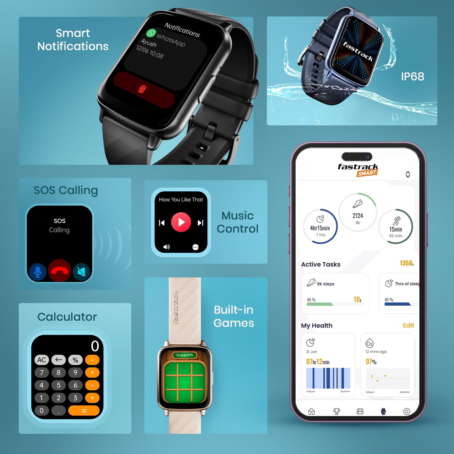 Fastrack Jupiter S1 1.83" Display Smart Watch for Man & Smart Watch for Women Latest with BT Calling, 100+ Sports Modes, SpO2, Auto Sport Detection, IP68, Up to 5 Days Battery (Teal)