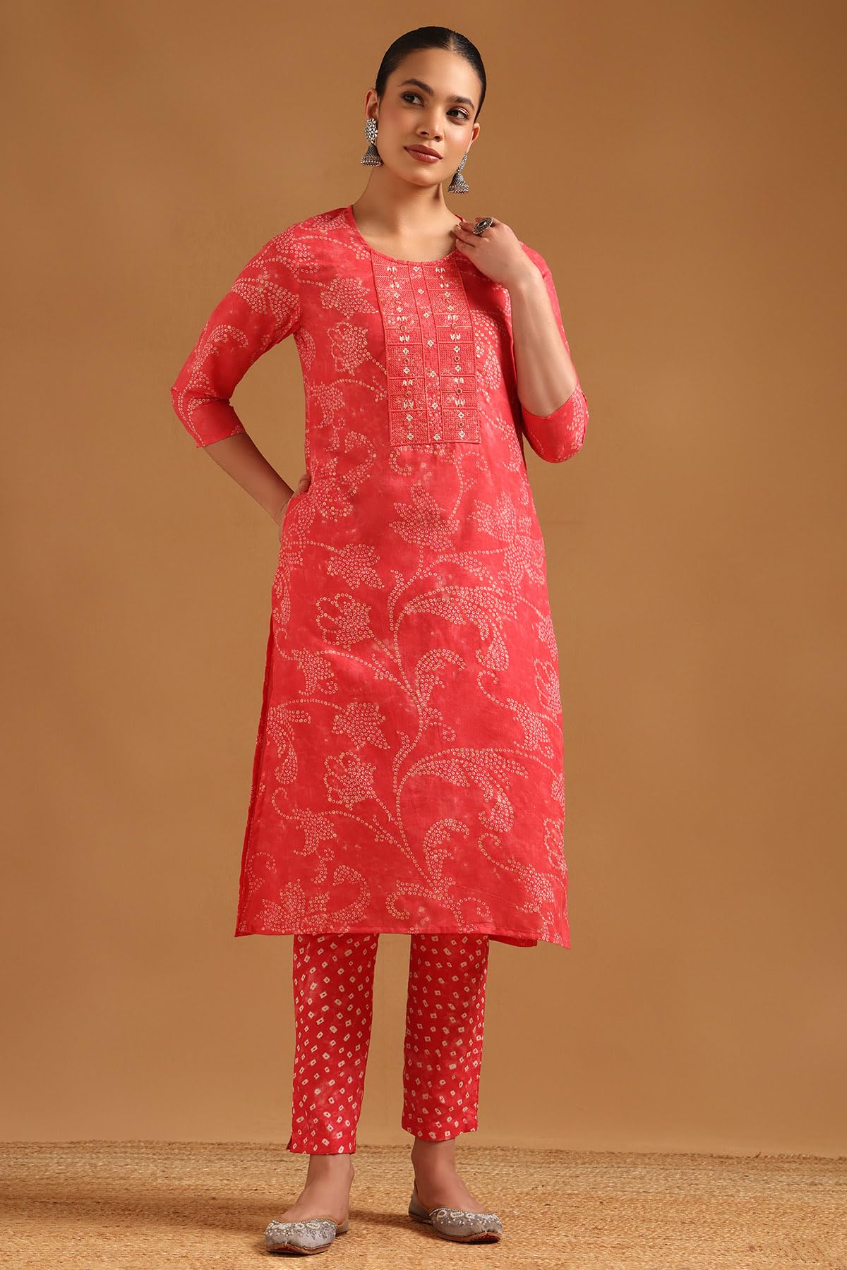 Soch Womens Peach Cotton Blend Bandhani Salwar Suit With Faux Mirror