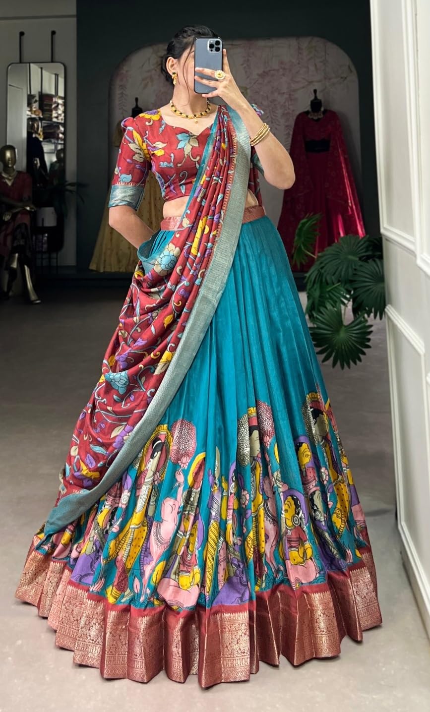 FIBREZA Women's Tussar Silk Lehenga Choli Set Semi-Stitched | Patola Print with Foil Work | Unstitched Blouse | Designer Ethnic Wear for Navratri, Wedding, Festival Prewedding Photoshoot (Rama)