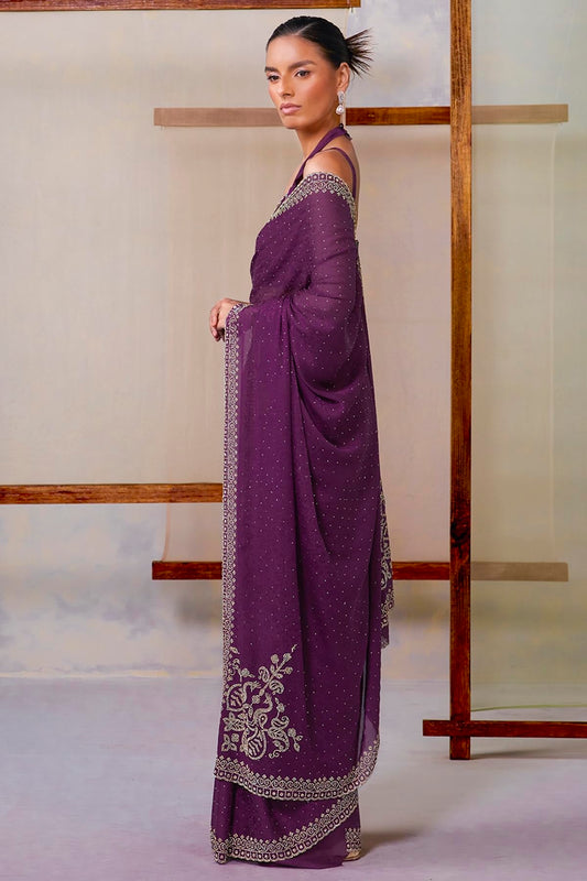 Soch Womens Fendy Georgette Woven Design Saree With Stone Work