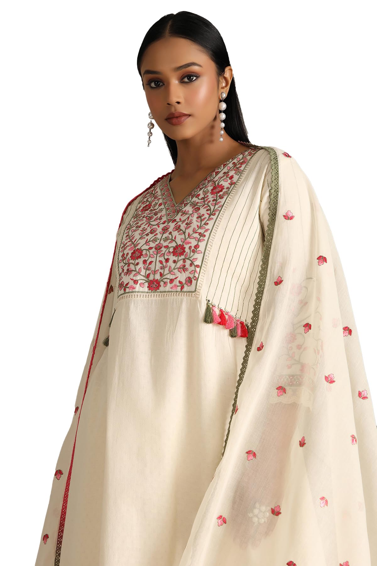 Soch Womens Off White Cotton Floral Print Suit Set With Thread Work