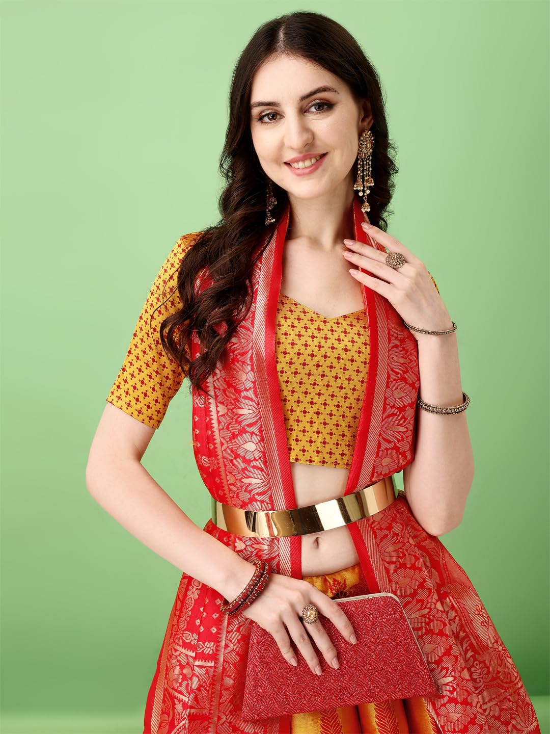 SWAMI STUDIO Womens Banarasi Silk Readymade Lehenga Choli (GOLD), FREE