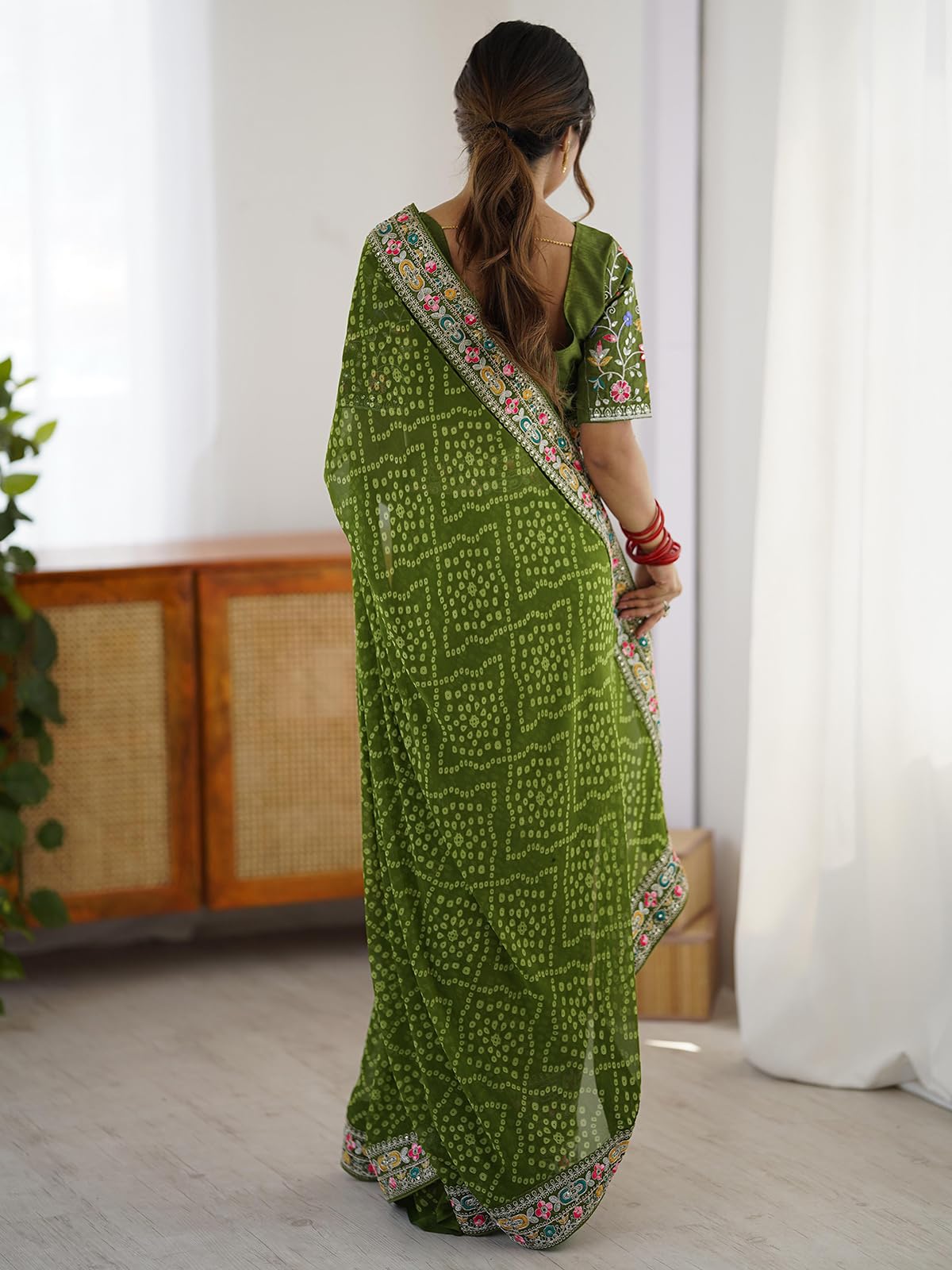 Satrani Women's Georgette Bandhani Printed Festive Saree with Unstitched Blouse Piece (4486S554N_Mehandi Green)