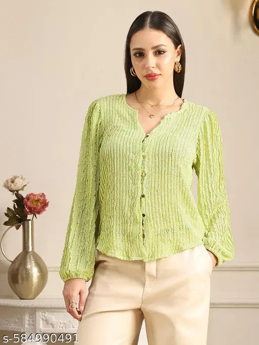 Globus Women Green V-Neck Bishop Sleeves Self Design Lace Shirt Style Top