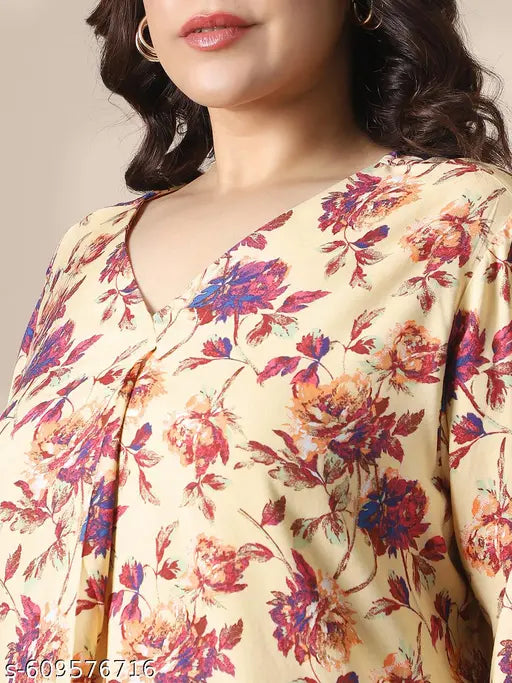 Globus Gloplus Women Cream V-Neck Floral Print Curved Hem Plus Size Top
