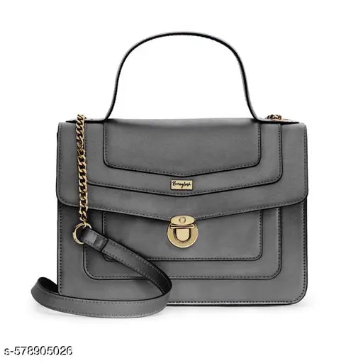 Berrylush Women Solid Grey PU One-Handle Detachable Strap Push-Lock Embellished Sling Bag