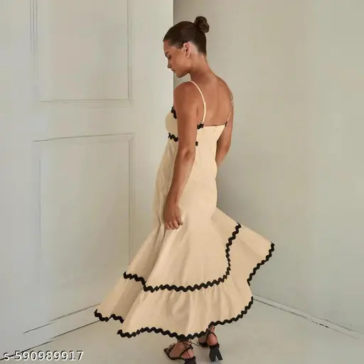 Honky Tonky Off White Cotton Maxi Dress with Black Wavy Trim