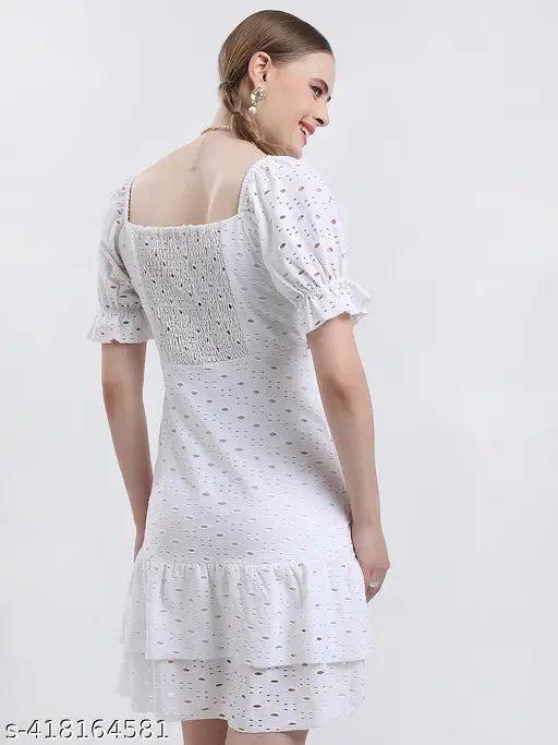 Ketch Women's Solid Fit and Flare Round Neck White Dresses