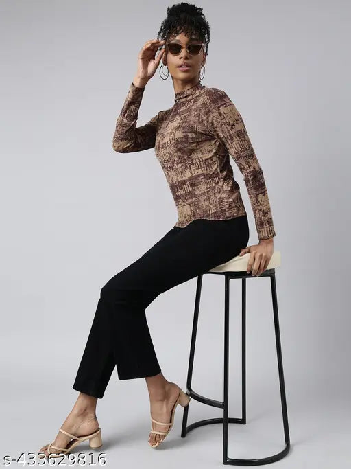 SHOWOFF Women's Abstract High Brown Regular Top