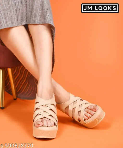 JM LOOKS Women’s Wedge Heel Sandals | Multi-Strap Slingback Open Toe Platform Sandals - Cream