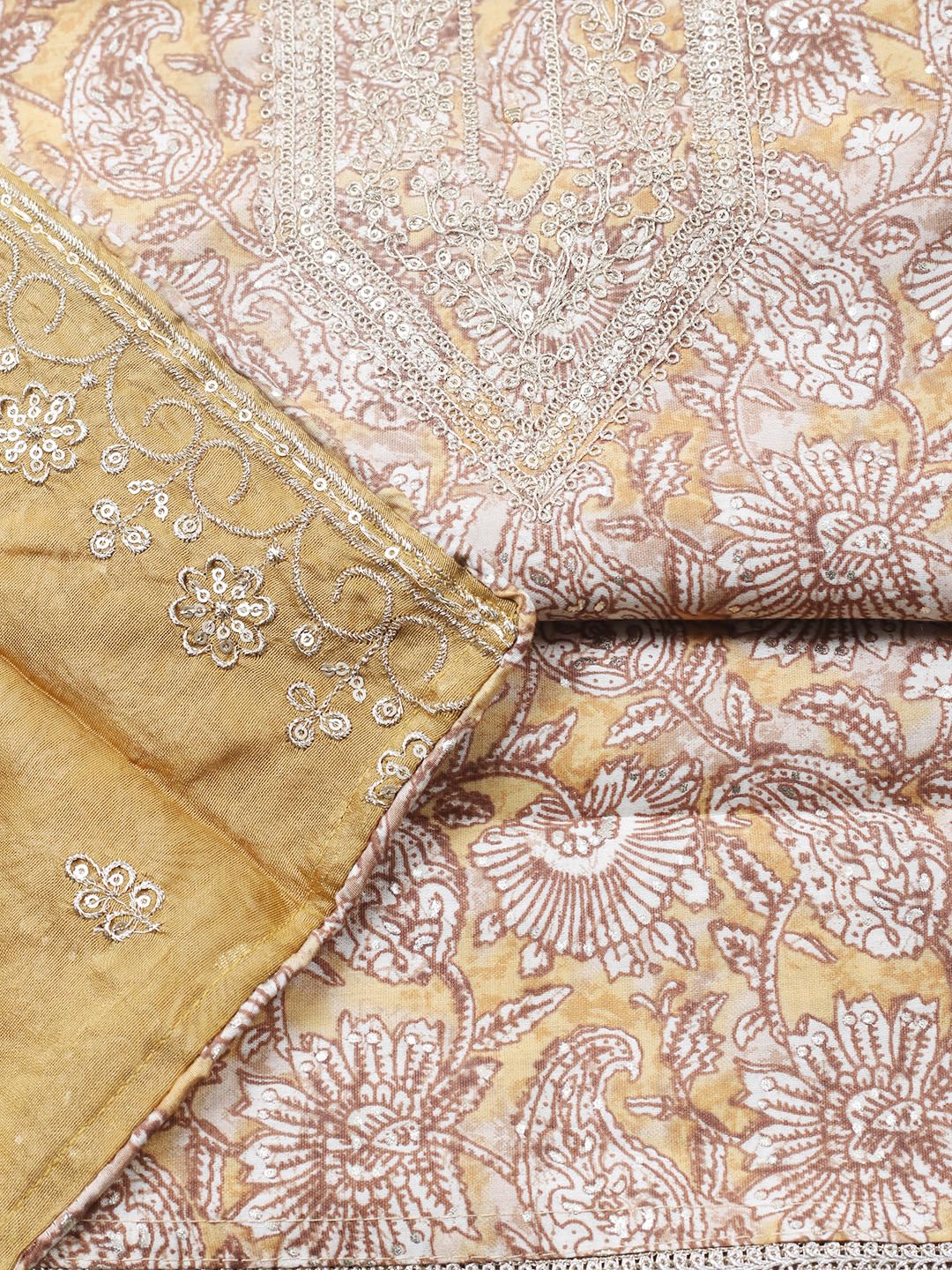 Meena Bazaar Printed Cotton Blend Mustard Unstitched Kurta with Bottom & Dupatta