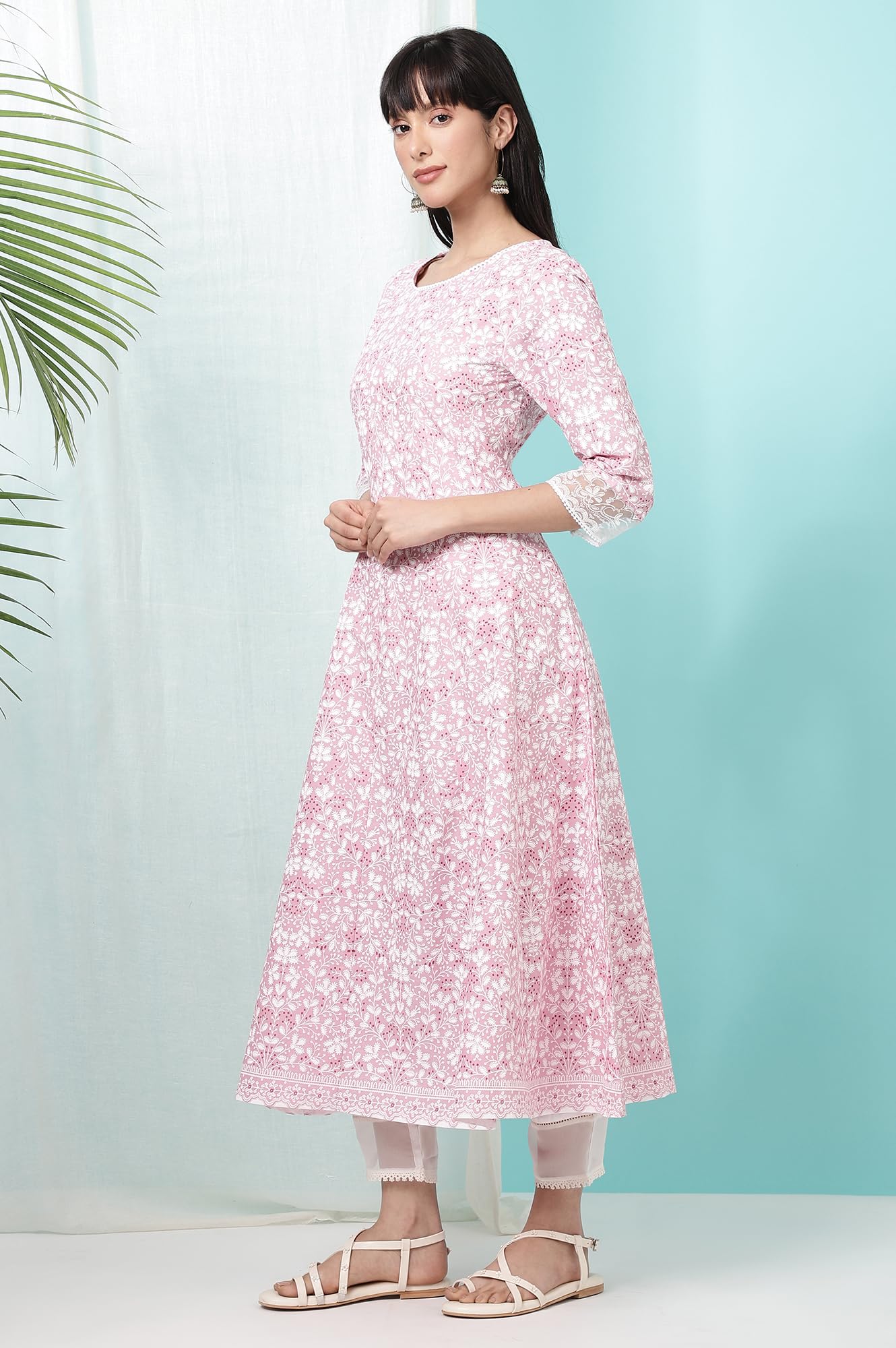 W for Woman Women Pure Cotton Regular Fit Pink Floral Printed Anarkali Kurta (Size: M)-W10817-126110