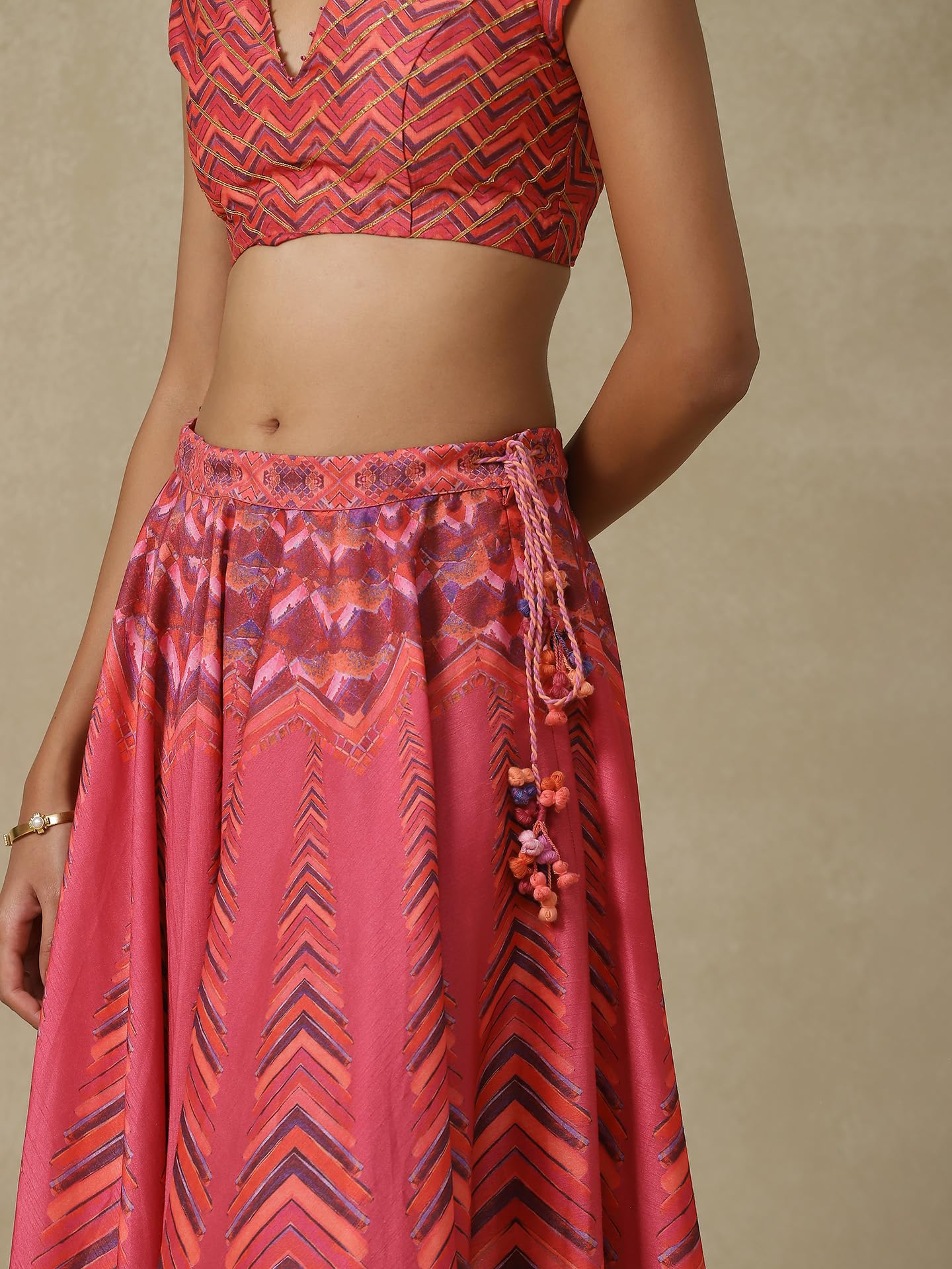 Aarke Ritu Kumar Pink Chevron Printed Lehenga With Blouse And Dupatta