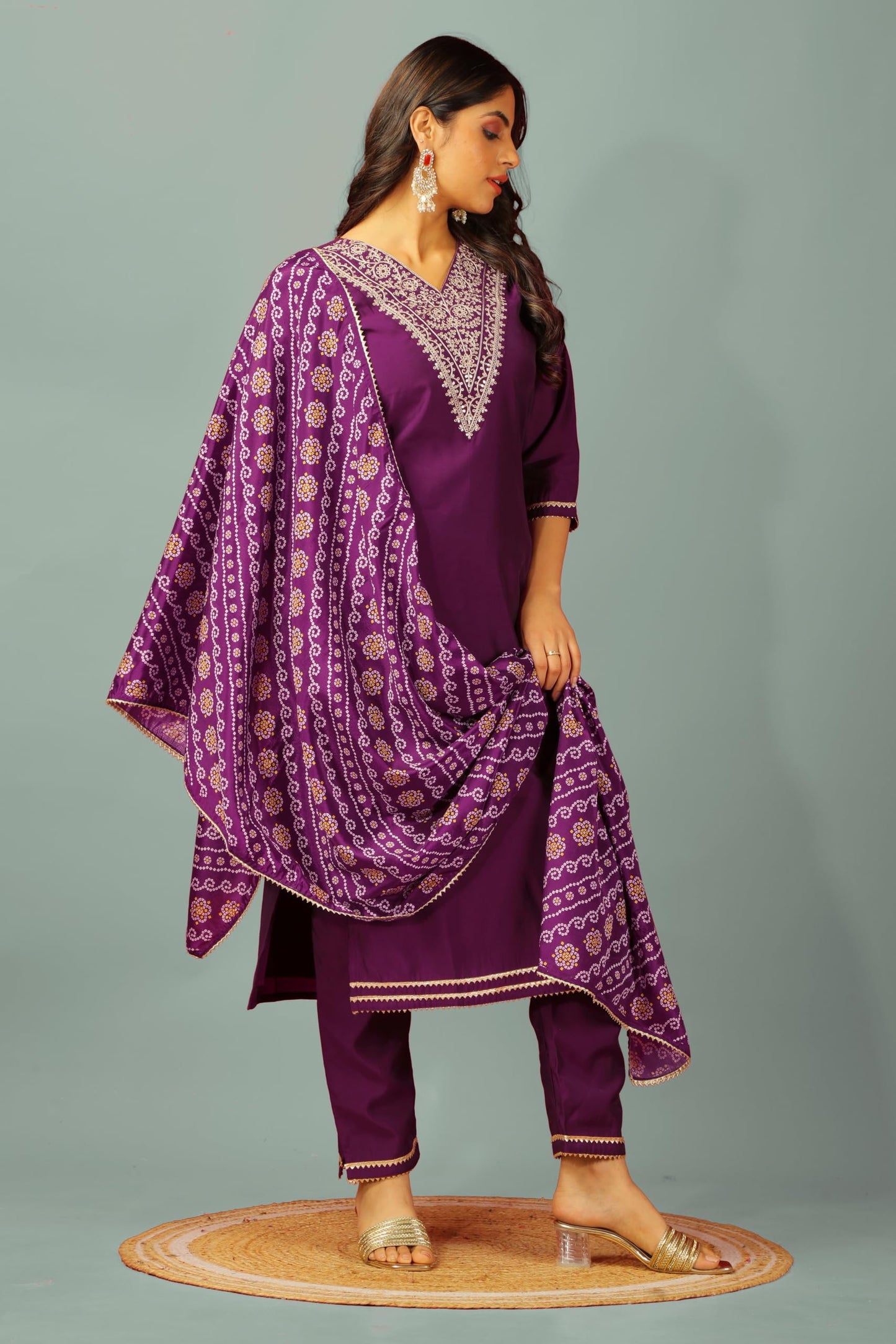 GALGOTO Women's Viscose Silk V Neck Embroidery Work Kurta with Bandhani Print Dupatta (in, Alpha, 2XL, Regular, Wine-1)