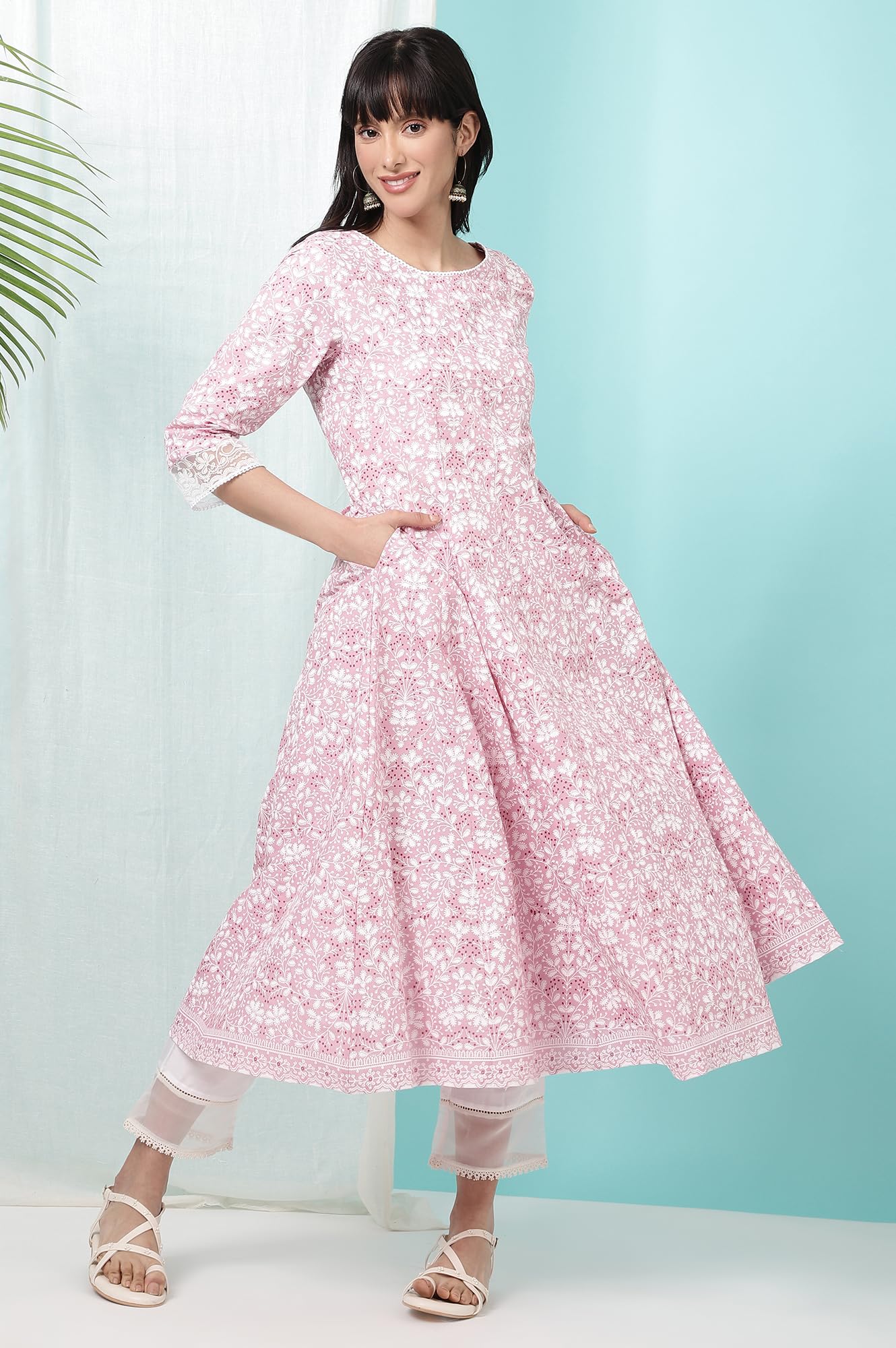 W for Woman Women Pure Cotton Regular Fit Pink Floral Printed Anarkali Kurta (Size: M)-W10817-126110