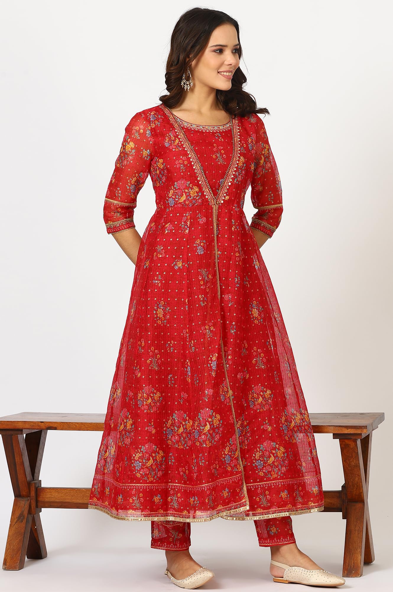 W for Woman Crimson Red Embroidered Flared Kota Kurta, Straight Pants and Dupatta (Size: 3XL)-24AUWS11760-124639