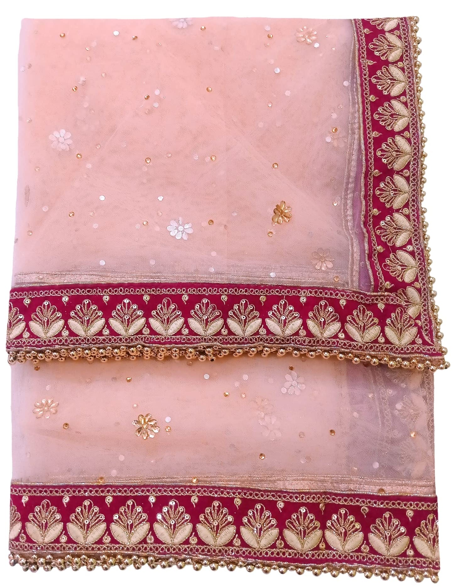 Navti Creations Wedding Bridal Women's Peach Net Dupatta With Pink (magenta) Resham Embroidery Border (Full Stone work, Length -2.25m, Border Width -5.5cm, 4side moti lace) (Peach-Pink)