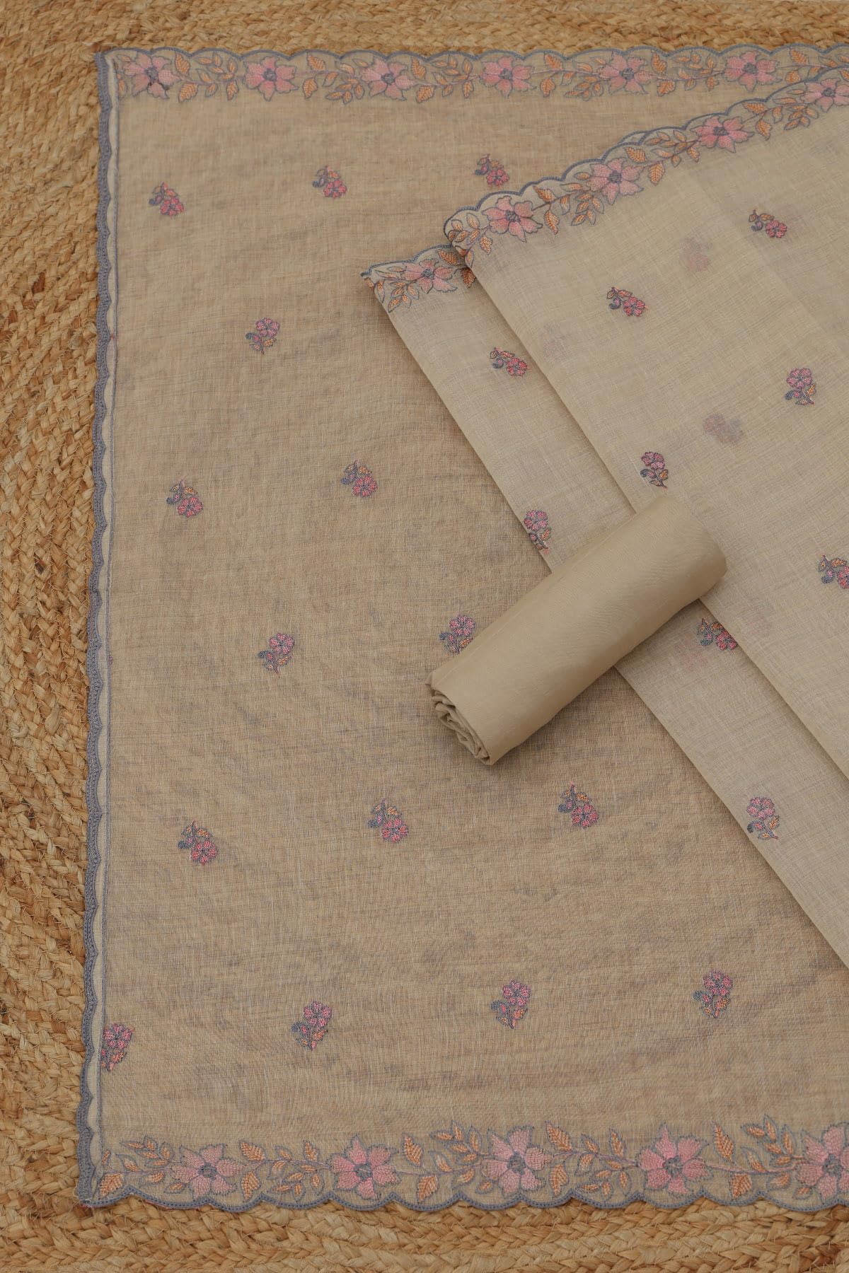 Soch Womens Beige Mul Chanderi Floral Dress Material With Thread Work