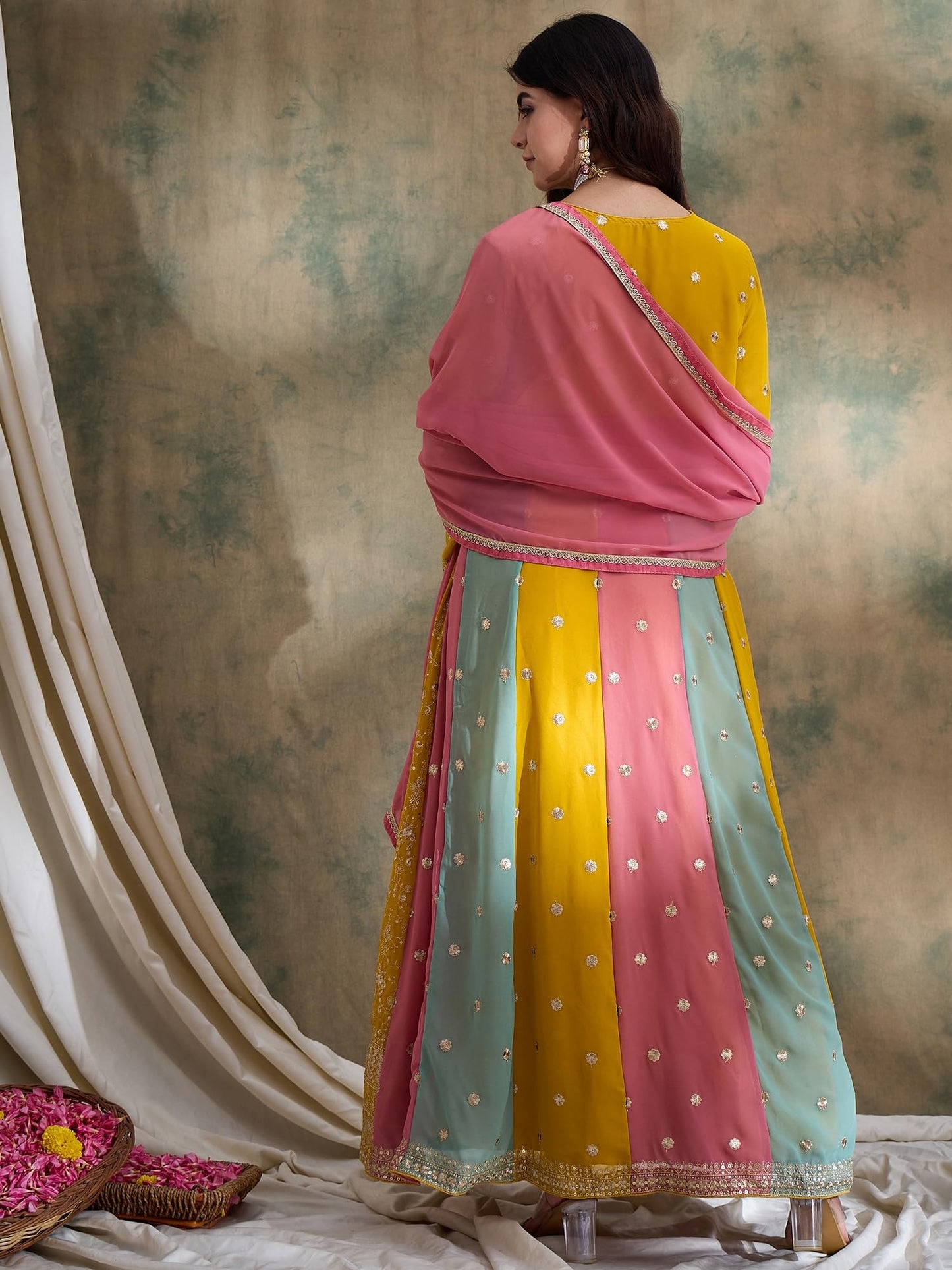 Miss Ethnik Women's Yellow Faux Georgette Stitched Top with Dupatta Full Sleeve Embroidered Anarkali Gown (MEY-1183-Yellow-S)