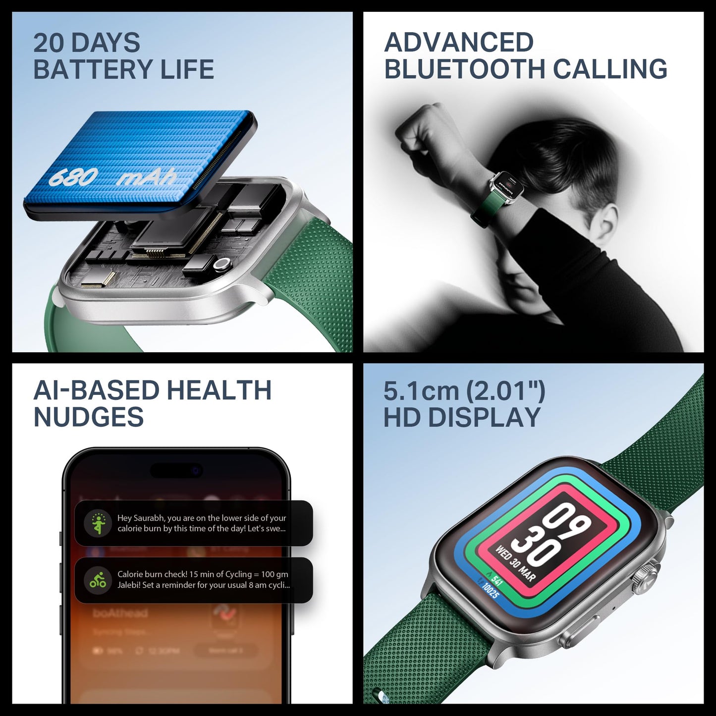 boAt New Launch Storm Infinity Max, 20 Days Maximum Battery, Biggest Battery Capacity Ever! 2.01" (5.1cm) Display, Functional Crown, AI Nudges, BT Calling, Smart Watch for Men & Women (Deep Green)