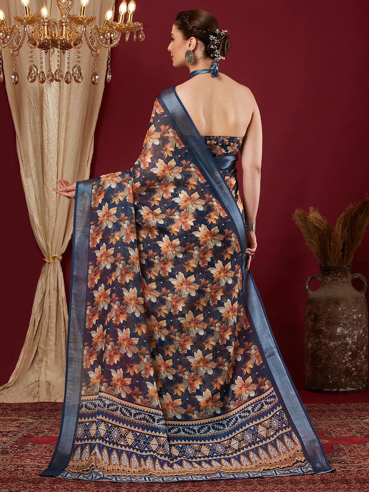 SIRIL Women's cotton Printed & Zari Border Saree With Unstitched Blouse Piece (4403S385A_Navy Blue)