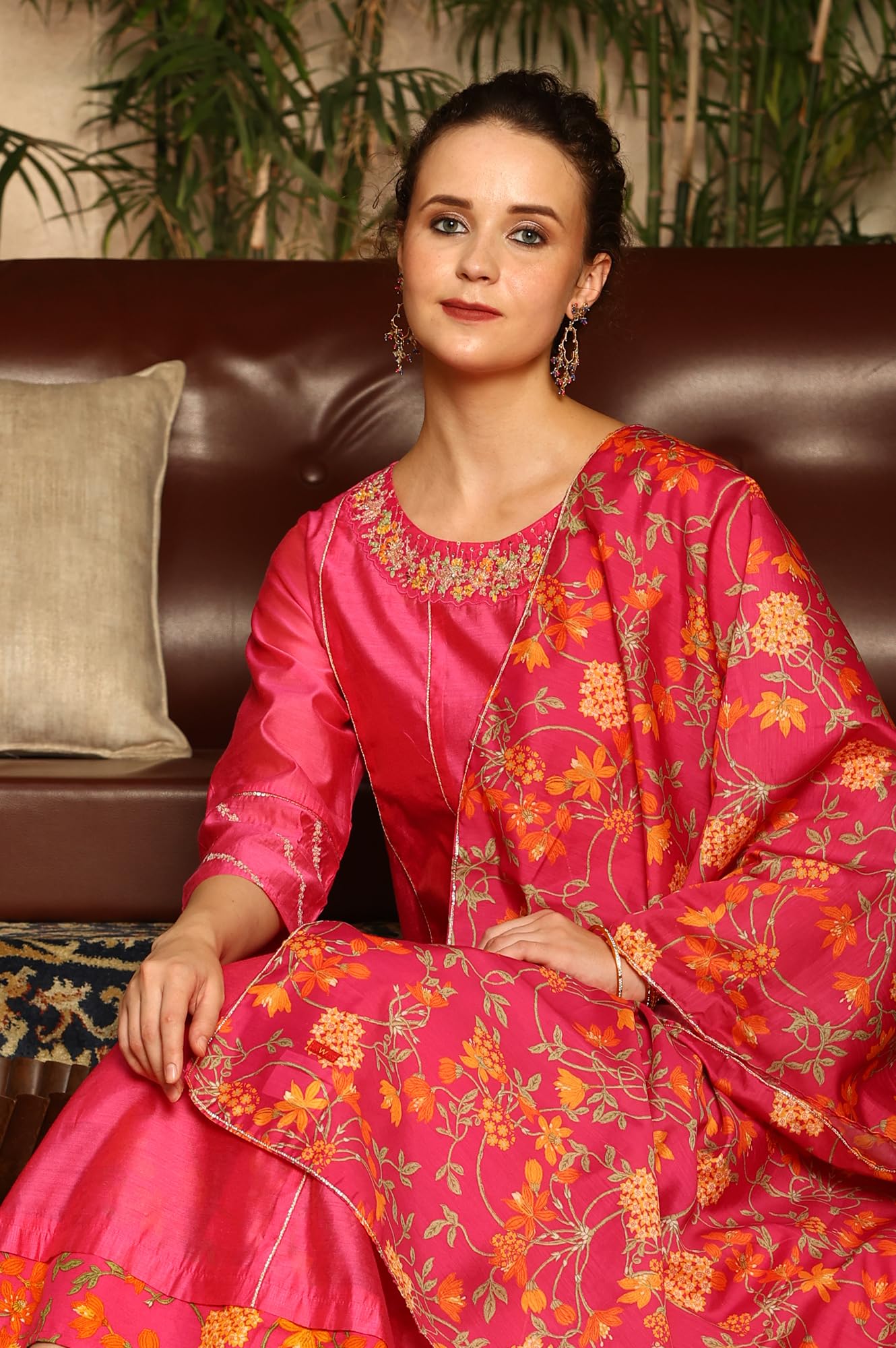 W for Woman Magenta Pink Chanderi Dori Embroidered Anarkali Kurta, Pants and Dupatta Set (Size: XS)-24AUWS11468-221979