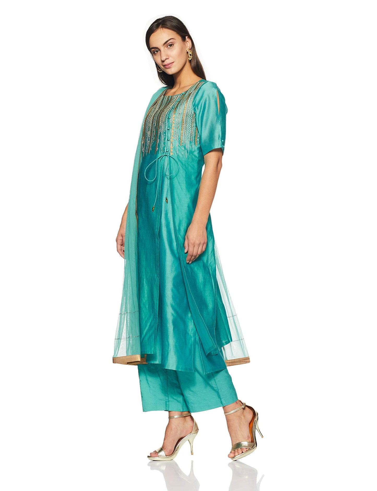 Satya Paul Women's Art Silk Salwar Suit Set (GT1161000_Aqua/Sea Green_Large_Aqua/Sea Green_L)