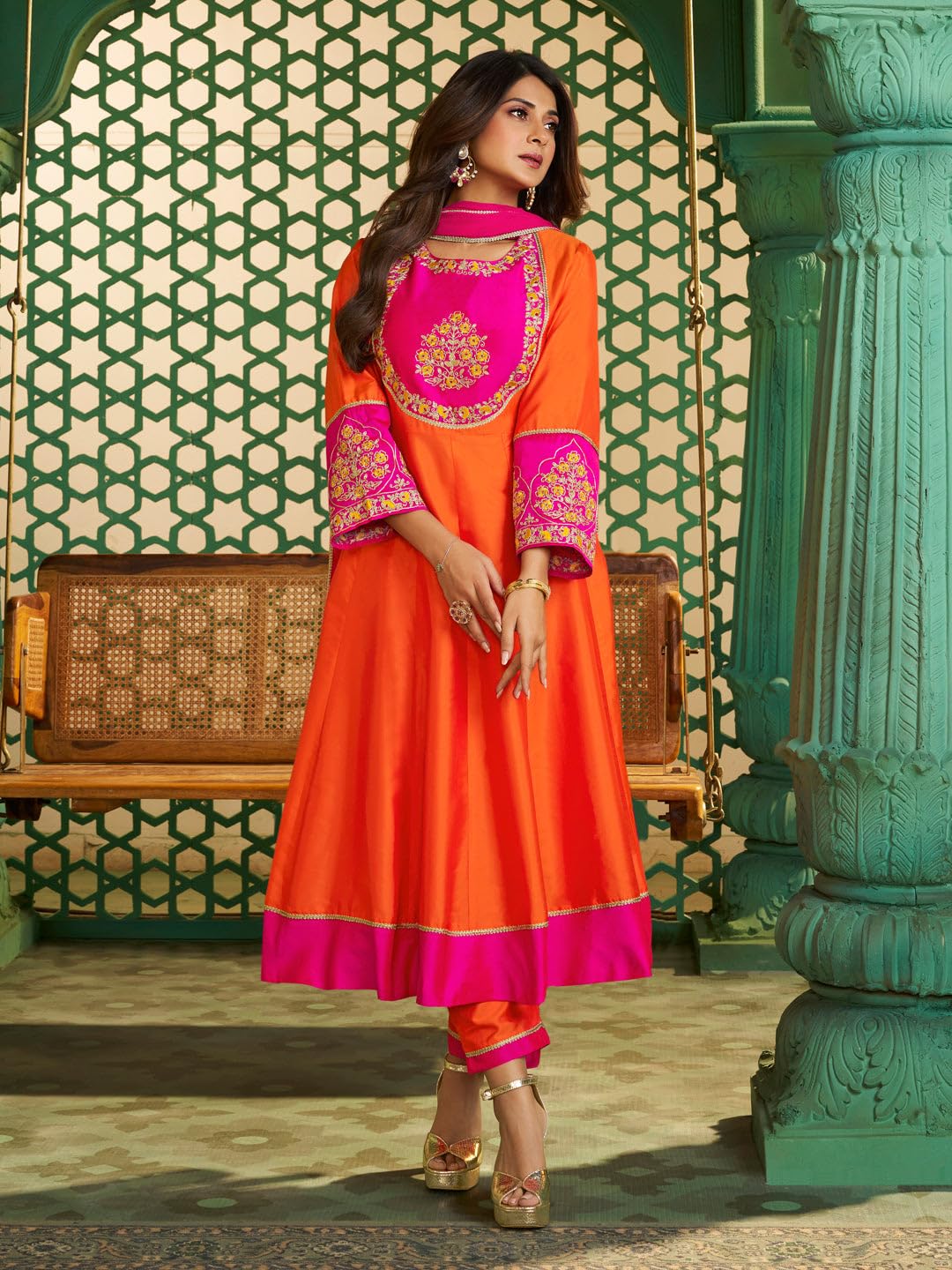 VARNI FABRICS: A lady's First Love Women's Orange & Pink Chanderi Cotton Anarkali Kurta Set With Embroidered Yoke, Dupatta, Ethnic Wear (IN, Alpha, XL, Regular)