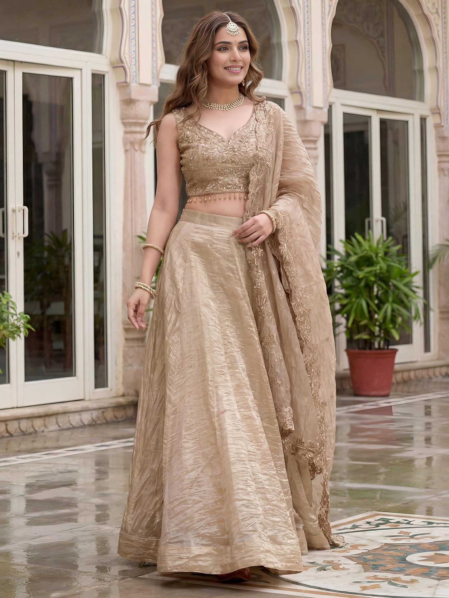 Zeel Clothing Women's Zari Sequins Embroidered Work Crush Silk Lehenga Choli With Dupatta (5136-Golden-Women-Lehenga-Choli-Latest; Free size)