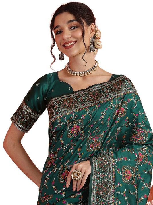 Satrani Women's Silk Weaving Banarasi Saree with Unstitched Blouse Piece (4734S792N_Rama Green5)