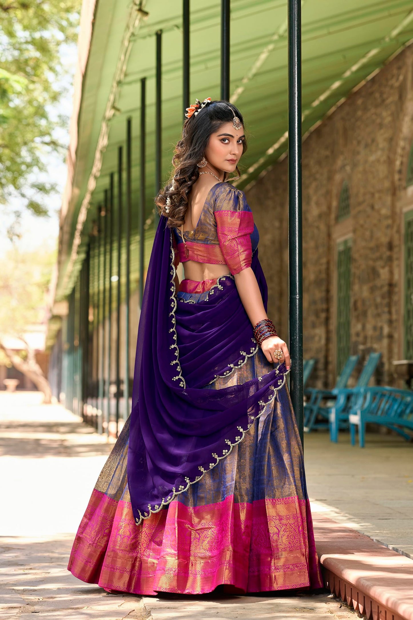 LooknBook Art Women's Solid Pattern Jacquard Silk Lehenga Choli Dupatta Set with Unstitched Blouse Piece and Zari Weave Type