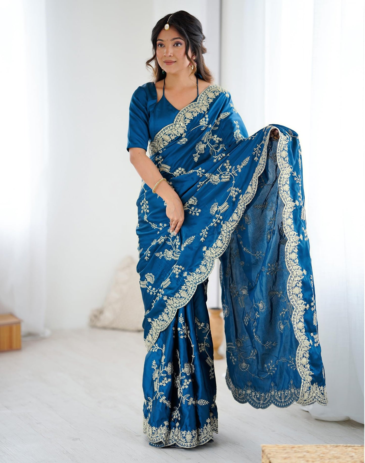 Satrani Women's Satin Embroidery & Sequin Work Saree with Unstitched Blouse Piece (4858S171N_Teal Blue)