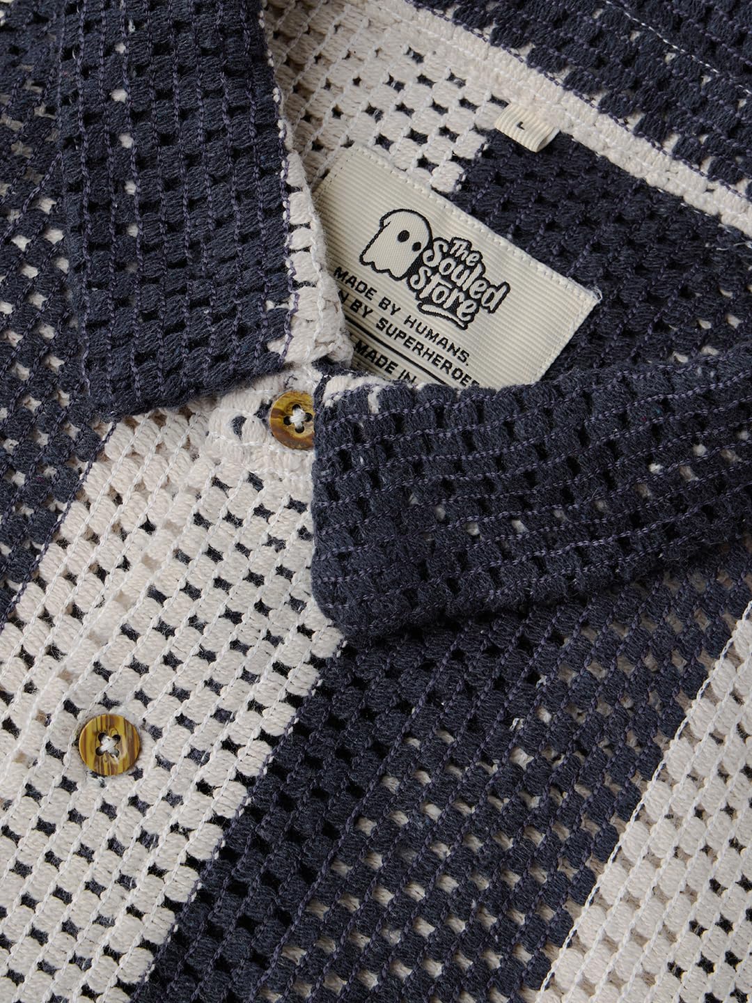 The Souled Store Open-Knit Shirt: Navy Stripes Men and Boys Short Sleeves Collared Neck Button Front Textured Cotton Blend Regular Fit Casual Textured Shirts