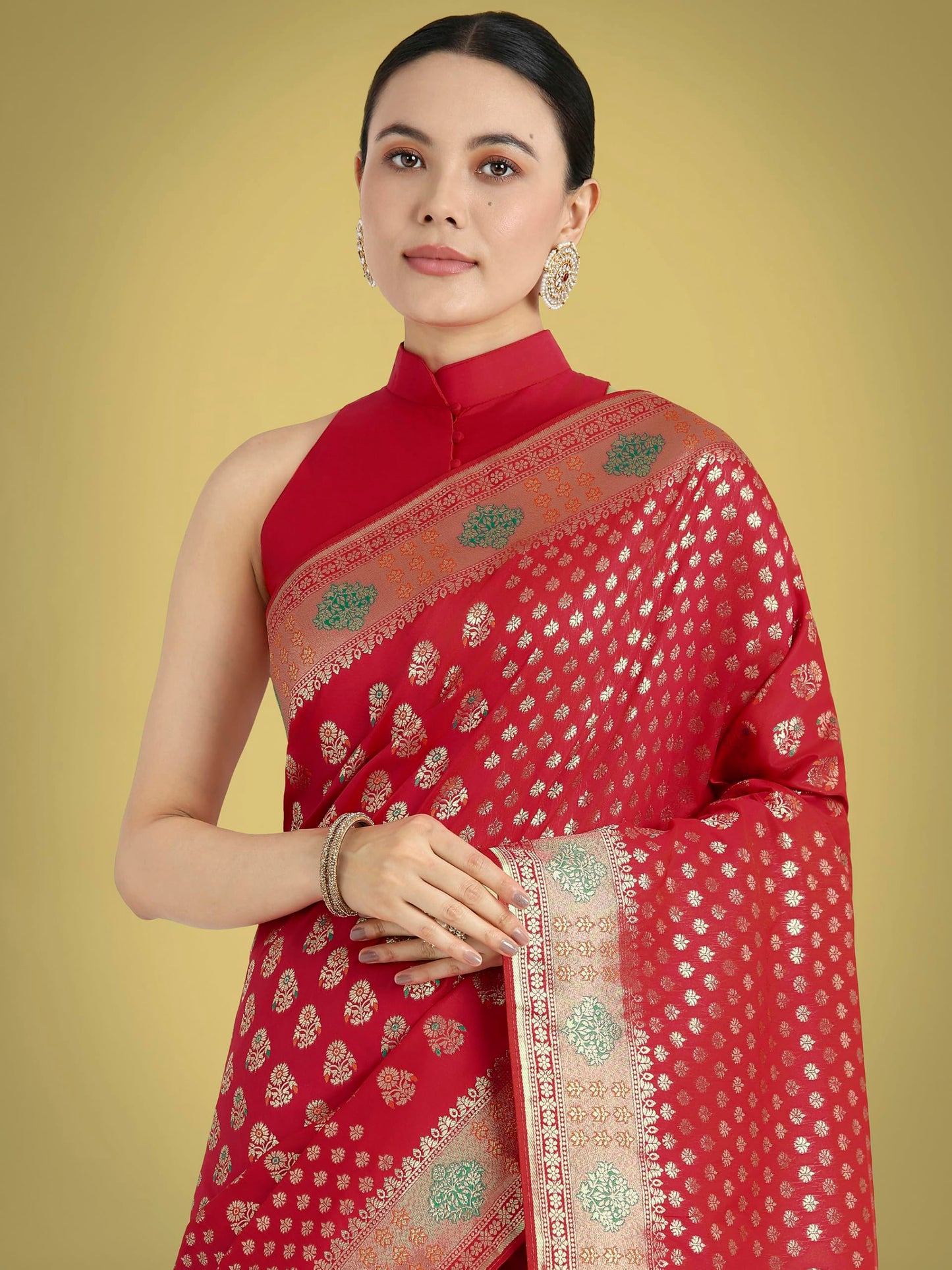 Monjolika Fashion Women's Elegant Banarasi Silk Saree With Gold Zari Weaving Work Comes with Unstitched Blouse Piece(14400_Color)