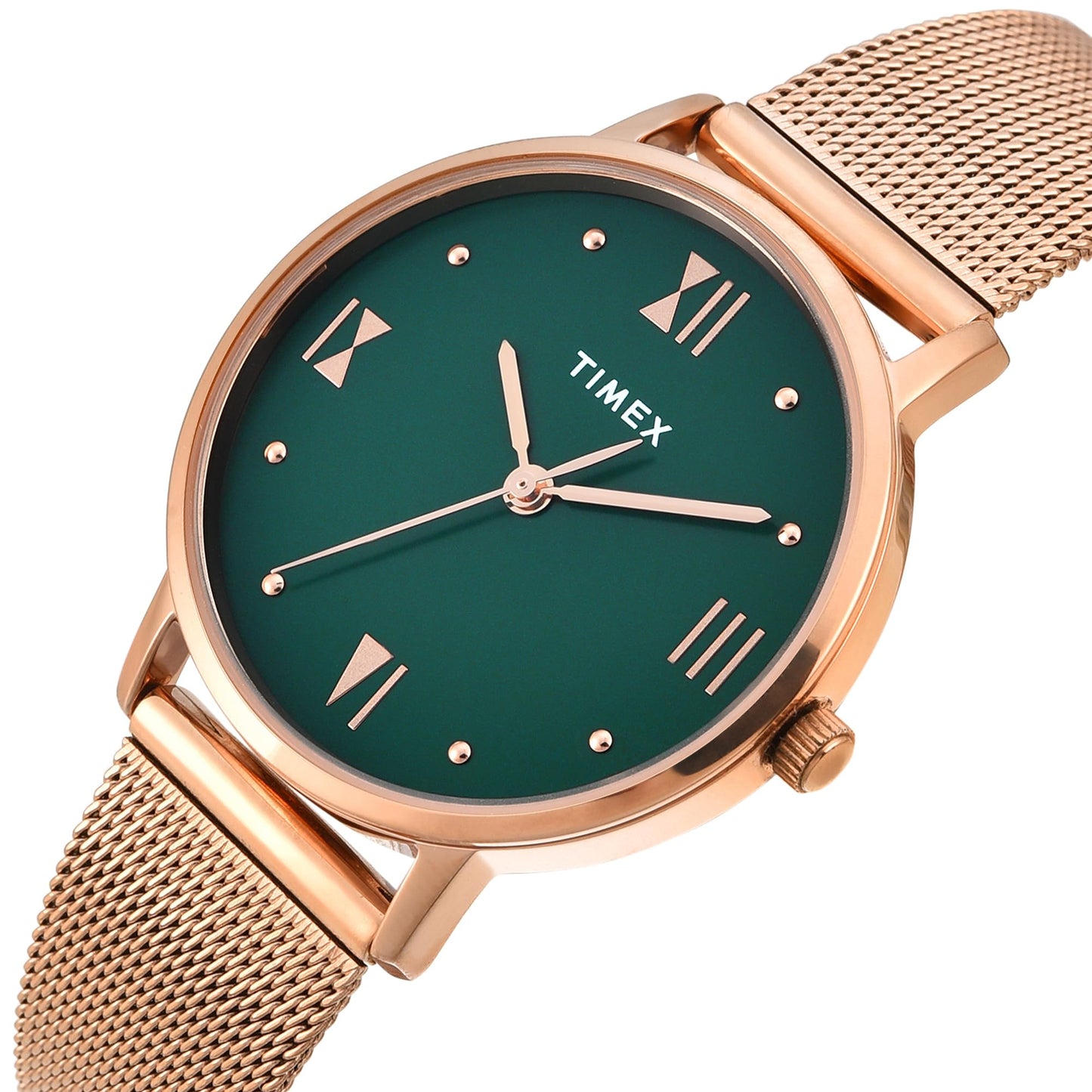 TIMEX Analog Watch for Women with Green Round Dial & Rose Gold Stainless Steel Bracelet Band Water Resistant Women's Wrist Watches - TWEL15625