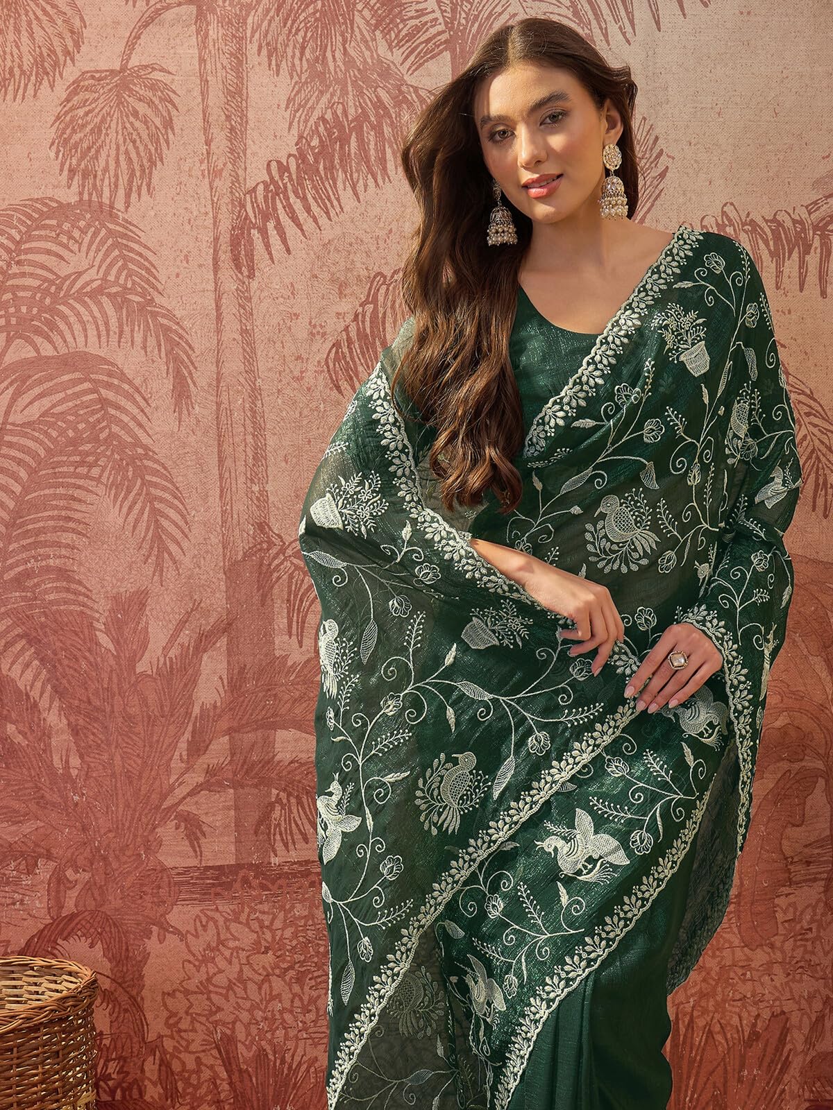 SIRIL Women's Shimmer Chiffon Scalloped Border Embroidery Saree with Unstitched Blouse Piece (5312S202_Dark Green)