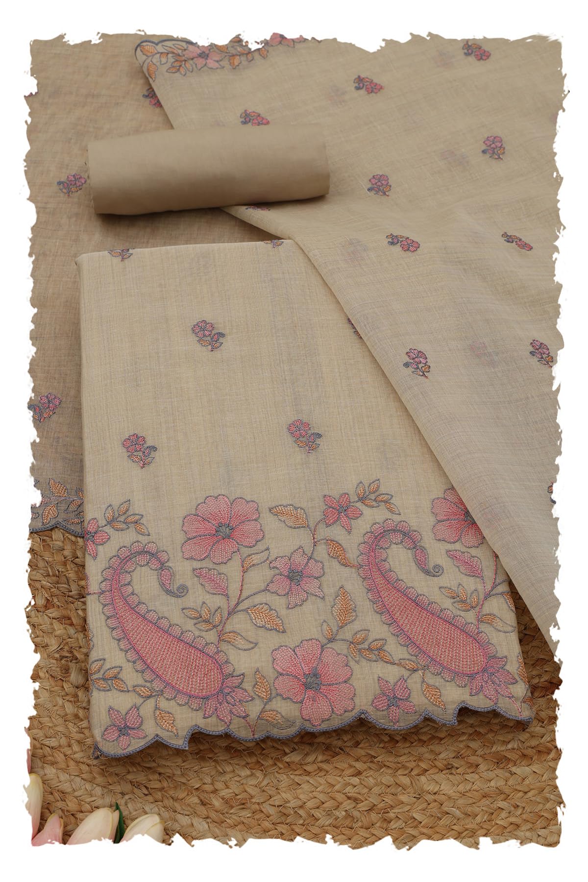 Soch Womens Beige Mul Chanderi Floral Dress Material With Thread Work