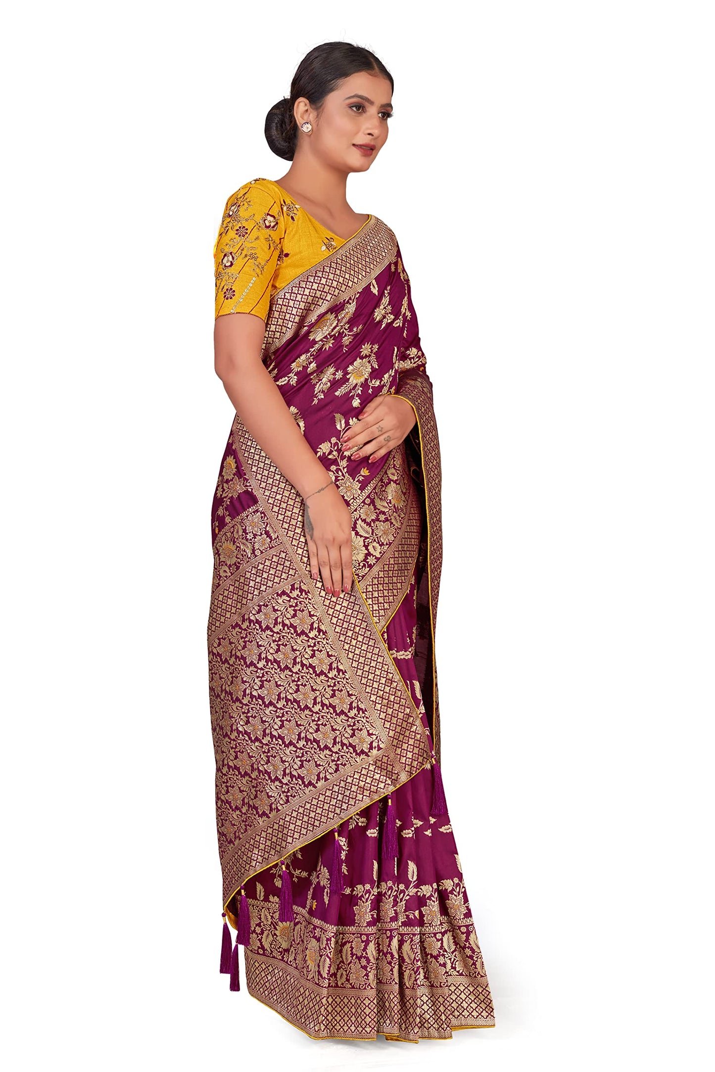 Monjolika Fashion Women's Banarasi Silk Blend Zari Woven Work With Tussles Saree Blouse Piece(37769 color) (Rani Pink)