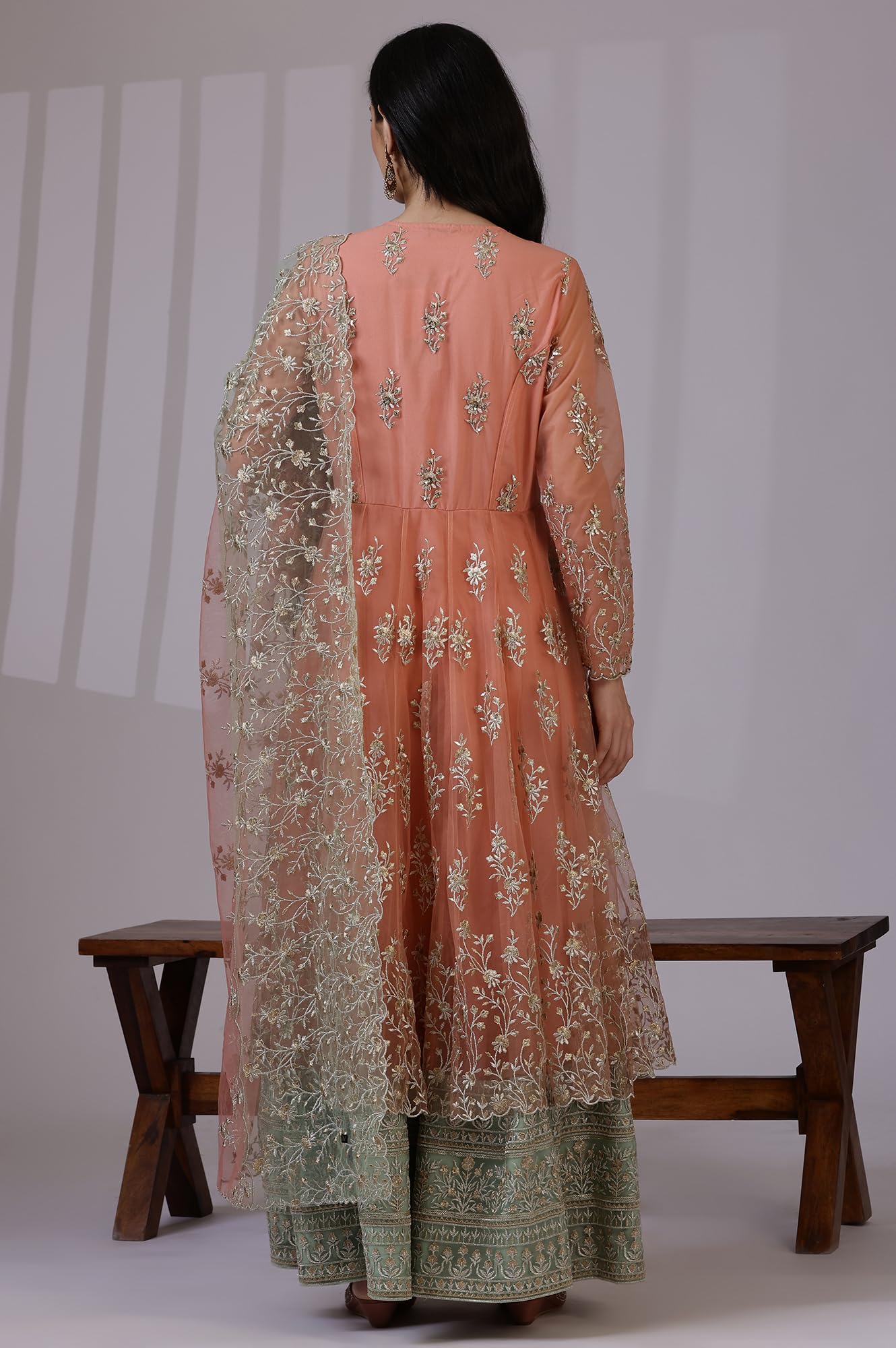 W for Woman Peach and Green Ombre Heavy Metallic Embroidered Layered Dress and Dupatta Set (Size: L)-24AUSP11987-400734