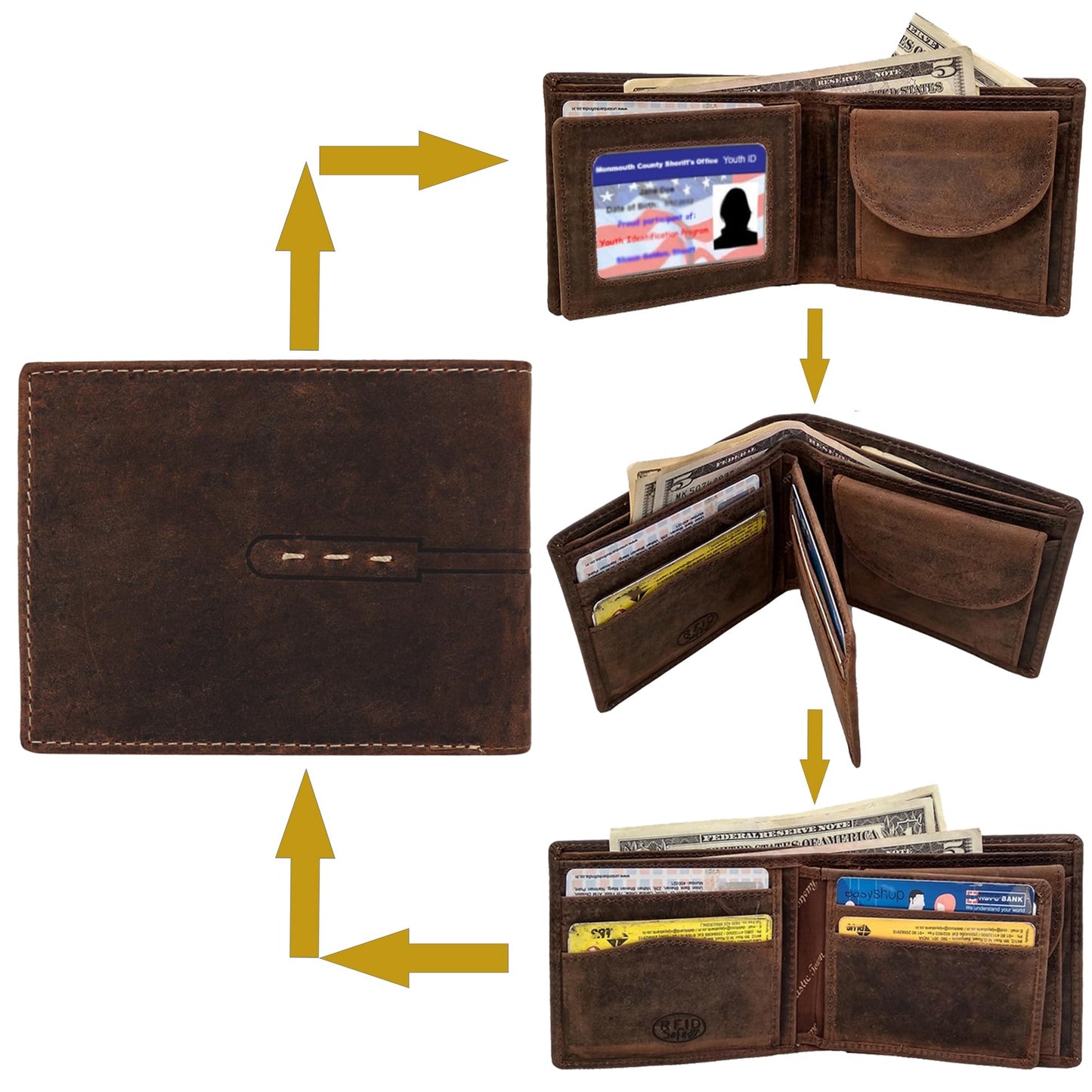 RUSTIC TOWN Mens Wallets - Full Grain Leather RFID Wallet for Men with ID Window, Card Slots and Coin Pocket (Large, Dark Brown)