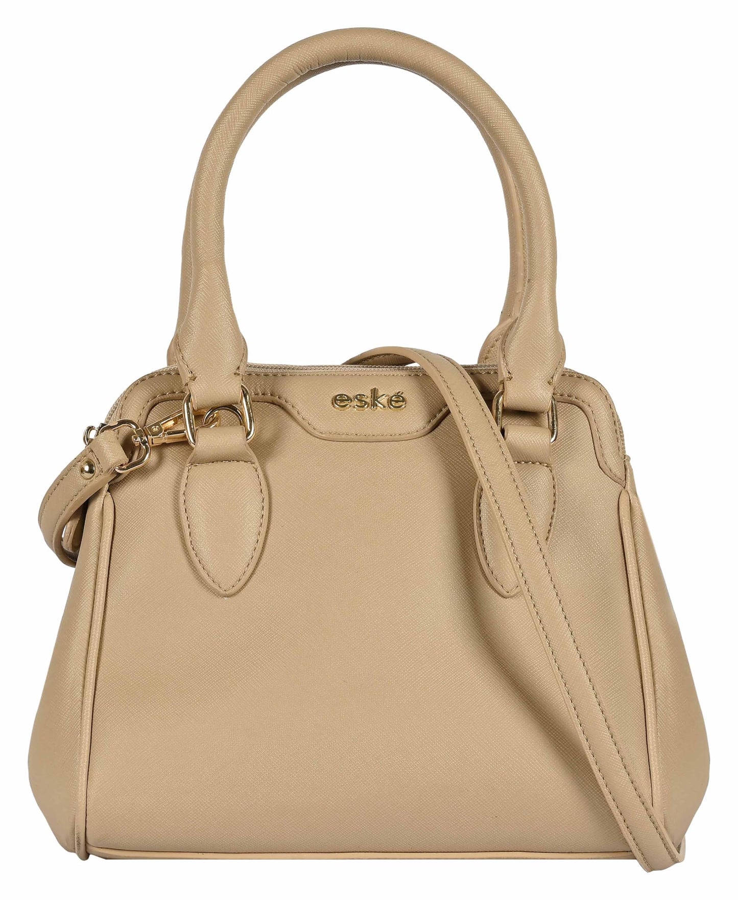 eske Benito Vegan Leather Handbag, Dual Compartment, Magnetic Snap Closure, Textured Saffiano Finish (Stone)