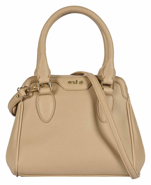 eske Benito Vegan Leather Handbag, Dual Compartment, Magnetic Snap Closure, Textured Saffiano Finish (Stone)