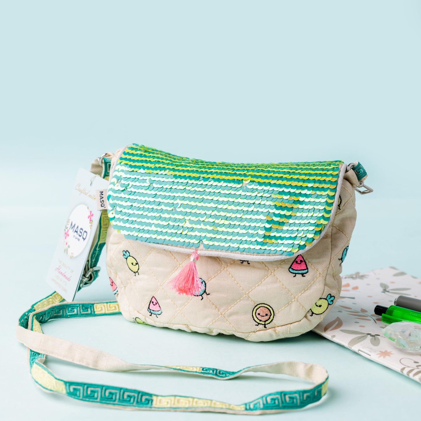 MASQ Little Girls Party Sling Bag, sequin-embellished, embroidered, sparkling with soft crossbody strap, cute and stylish for casual or gifting, Blue, Pink, Green, Multicolour