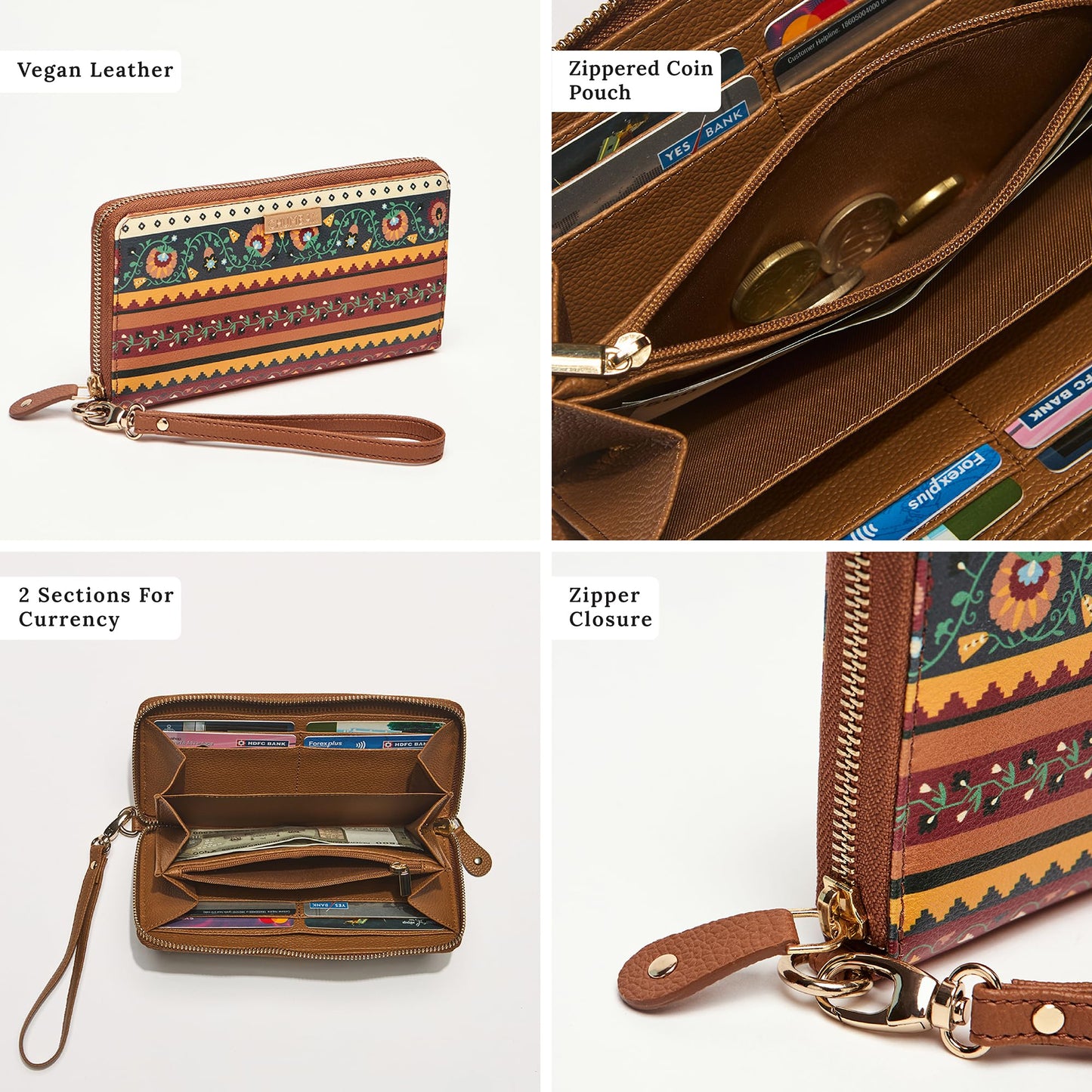Chumbak Women’s Wallet – Jaipur Nomad Collection, Tan Floral PU Leather Compact Wallet with Zipper Closure, Lightweight Travel Purse for Women