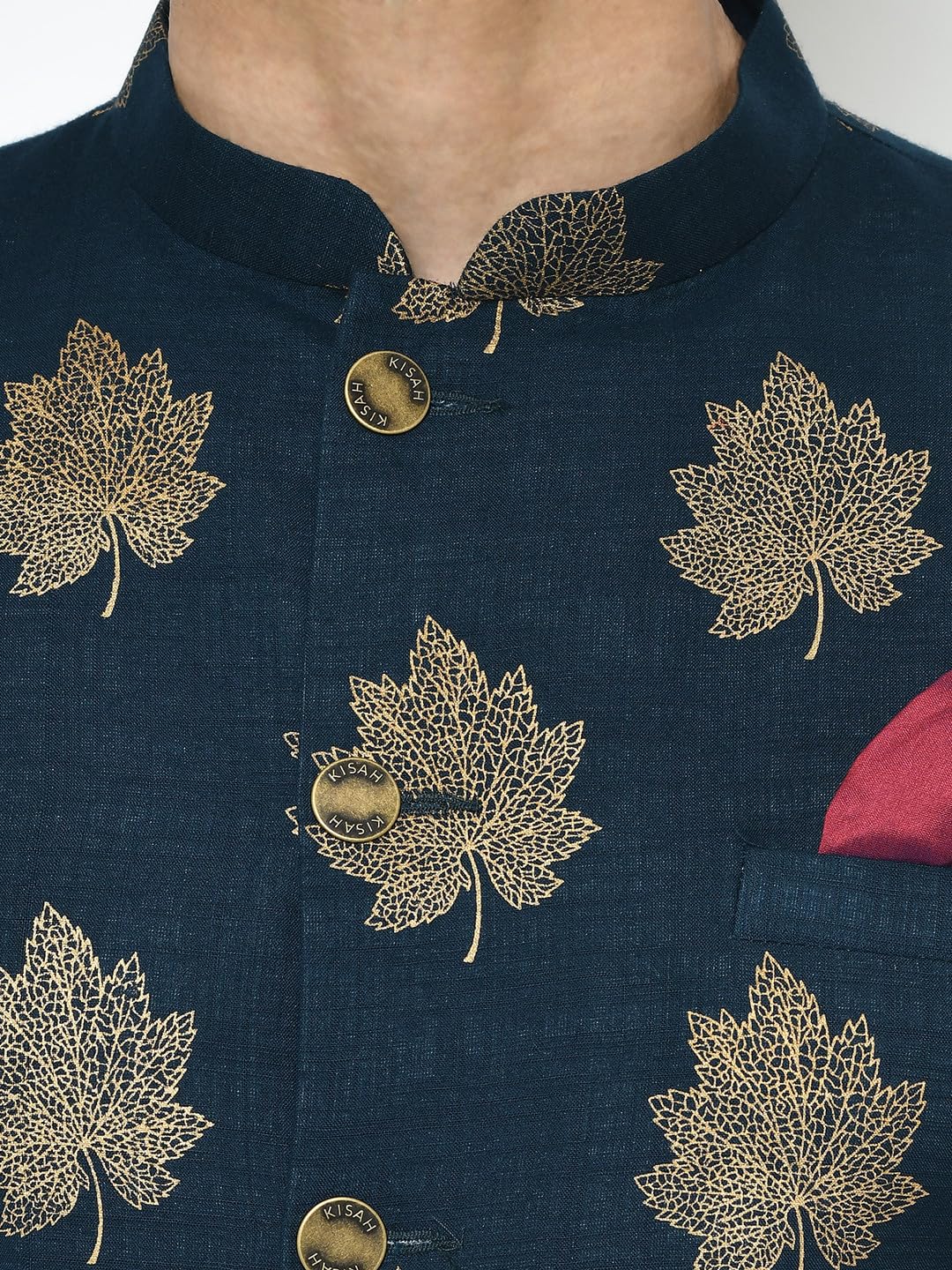 KISAH Men's Indo-Western Sherwani Churidar Set, Blue Cotton Blend, Foil Print Regular Fit Mandarin Collar Long Sleeves (42)