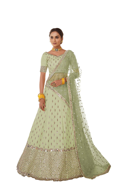 FUSIONIC Pista Green Color Art Silk Fabric Mirror Work Lehenga Choli For Women