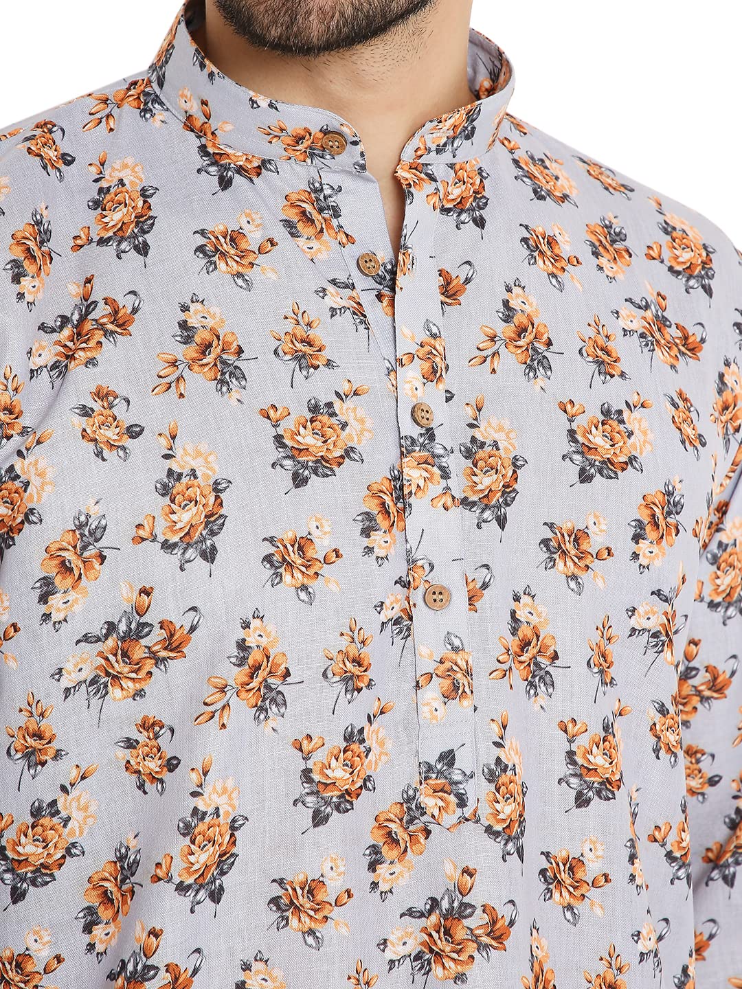 LUCKWIN Linen Regular Fit, Mandarin Collar, Floral Print Kurta Pajama Set in Light Grey for Men [LWKP169-36-2023]