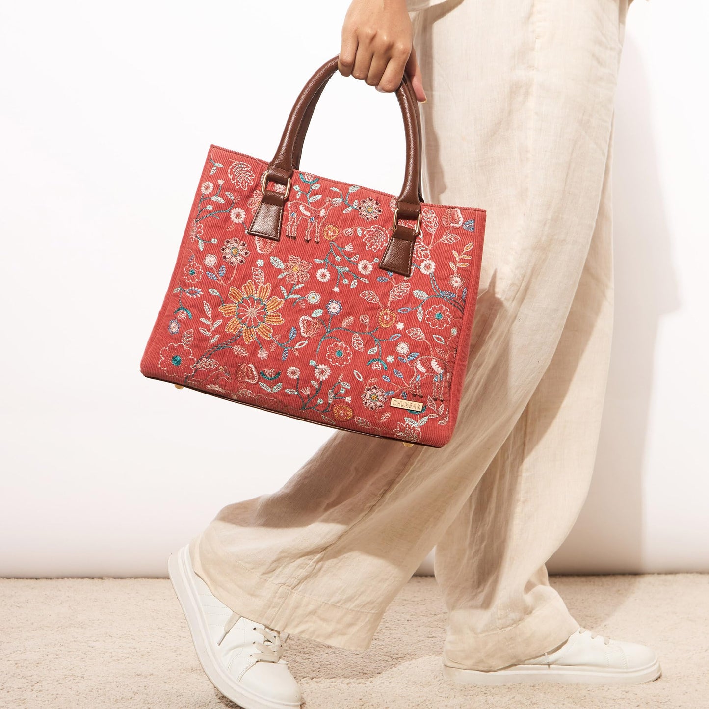 Chumbak Marrakesh Tote Bag, 7.8L, Red, Corduroy Outer with Polyester Lining, Everyday Handbag with Kashmiri Motif, Kashmir Trails Collection