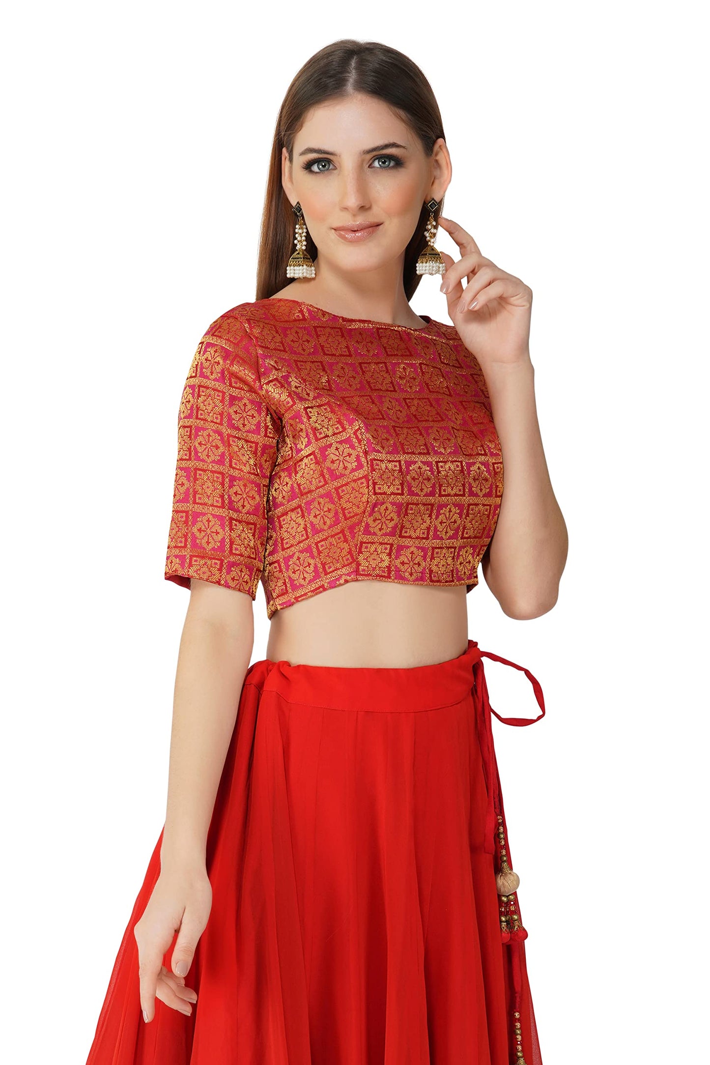 Fressia Fabrics Women's Ikkat Pattern Jacquard Boat Neck Readymade Blouse for Women (38, Persian red)